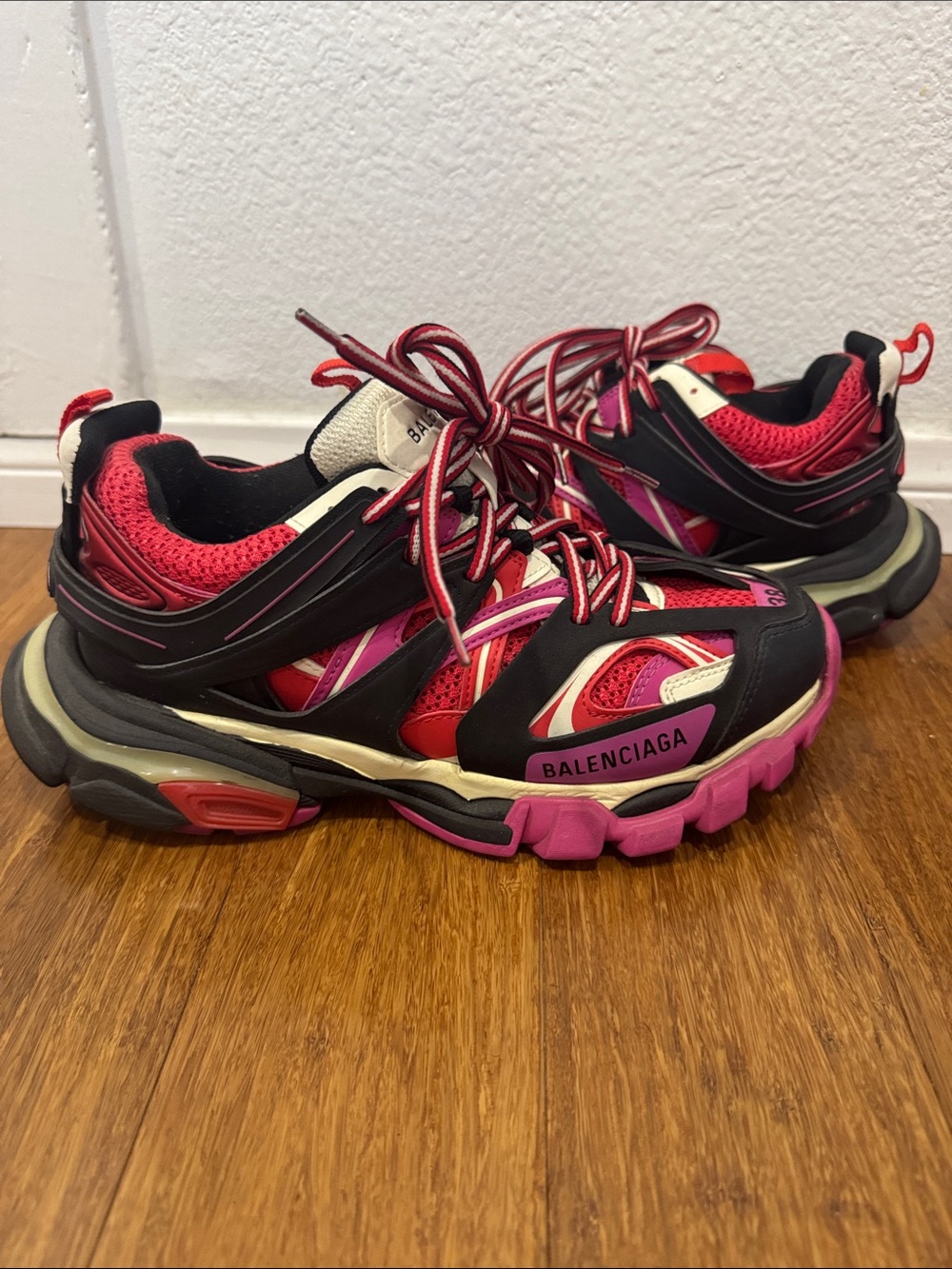 Balenciaga Women's Black, Pink & Red Multi-Layered Track Sneakers